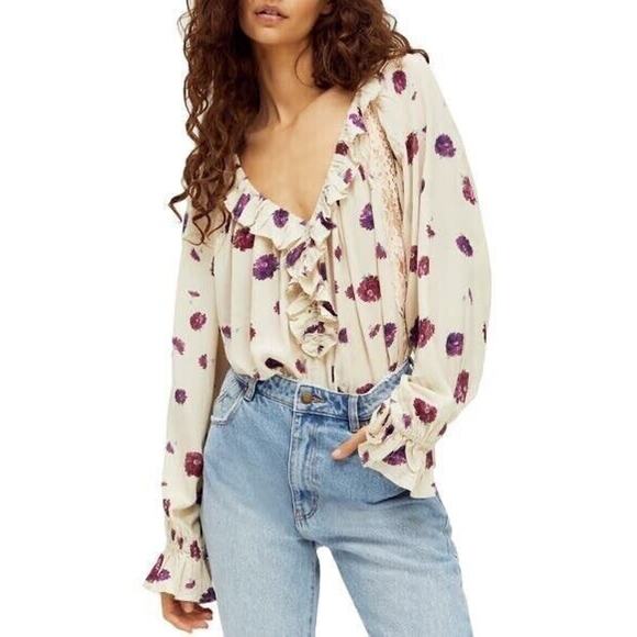 Intimately Free People Bodysuit Women's Small Poppy Floral Ruffle Boho Peasant - Picture 9 of 10